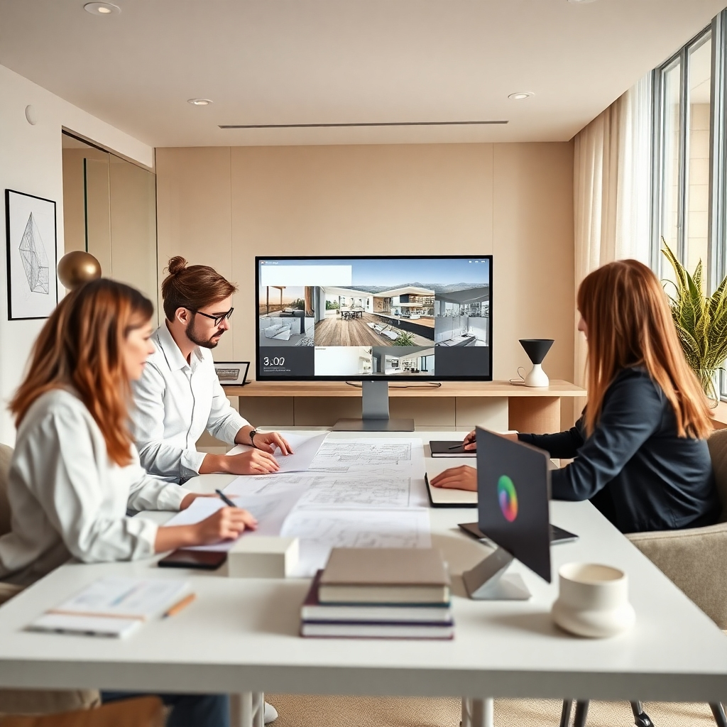 Generate a 4K resolution image portraying the essence of Sitemap. The image should depict a team of professional interior designers working collaboratively on design plans, showcasing modern technology and sophisticated design tools.  The scene should feature a clean, minimalist workspace, bathed in soft, natural light, with a color palette dominated by beige and white accents.  The mood should be one of creative collaboration and professional excellence.  Include details such as architectural models, design sketches, digital rendering screens, and high-end stationery. Style it similarly to images showcasing high-end design firms in architecture and interior design magazines, focusing on a clean, elegant, and professional aesthetic.  The overall image should convey trust, expertise, and modern design sensibilities.