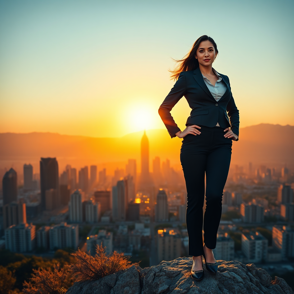 Create a photorealistic image representing the essence of business recovery. Visualize a strong, confident woman standing tall on a mountain peak, overlooking a vibrant cityscape. She is dressed in professional attire, radiating success and determination. Behind her, faint silhouettes of broken buildings are visible, symbolizing past failures overcome. The sun is rising behind her, casting a warm golden glow on her face and the city below. The overall color palette is warm and optimistic, with blues and greens representing stability and growth. The camera angle is slightly low, emphasizing her power and resilience. Texture details should be sharp, showcasing the textures of her clothing, the rugged mountain terrain, and the detailed cityscape. Technical specs: 4K resolution, high quality rendering.