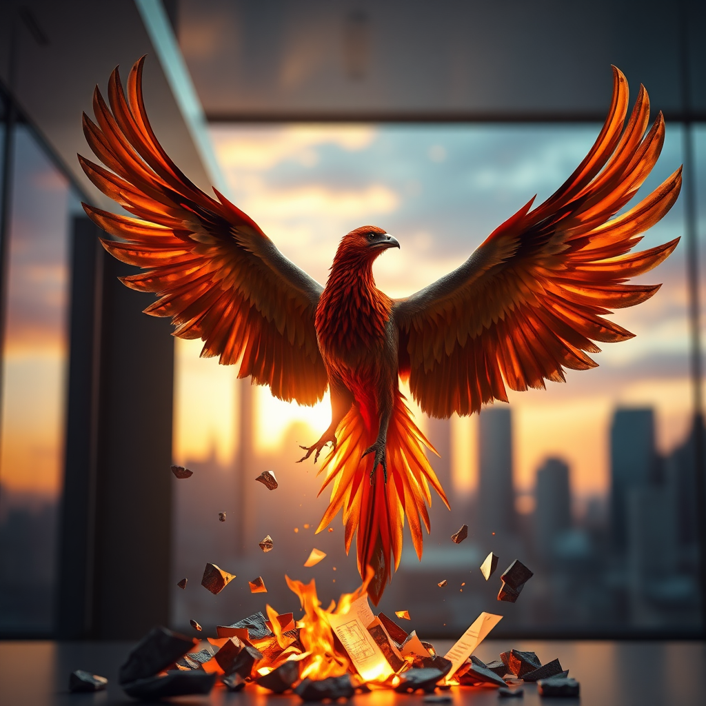 Create a photorealistic, ultra-high quality header image depicting a phoenix rising from ashes in a modern, sleek business environment. The phoenix should be subtly stylized, with feathers that transition from dark grays and blacks at the base to vibrant golds and oranges at the tips. The 'ashes' are actually metaphorical, represented by fragmented business documents and broken technology, subtly integrated into the scene. The background features a blurred cityscape at sunrise, symbolizing new beginnings. Lighting should be dramatic, with a strong backlighting effect highlighting the phoenix's form. Color palette should be dominated by warm tones, with pops of cool blues and purples in the background. Camera angle should be low, looking up at the phoenix to emphasize its power and ascension. Texture details should be incredibly sharp, showcasing the intricate details of the phoenix's feathers and the textures of the business environment. Style reference: hyperrealistic digital art. Technical specs: 8K resolution, hyperrealistic rendering.