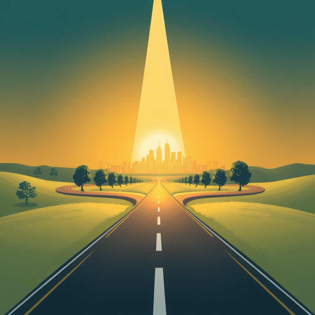 Depict a branching road, each path representing a different business strategy. One path is clearly illuminated, leading towards a prosperous city in the distance. Stylized, focus on clarity and direction.