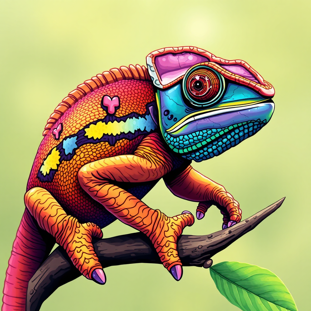 Depict a chameleon changing colors to blend in with its environment, symbolizing adaptability. Vibrant colors, focus on transformation. Stylized.