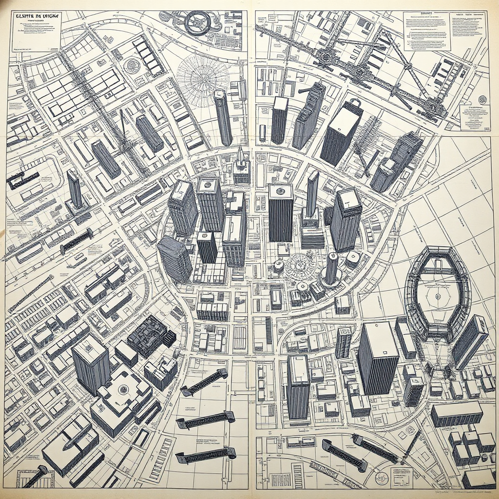 Depict a complex blueprint of a city, highlighting the strategic planning and interconnectedness of its different parts. Technical style, focus on precision and detail.