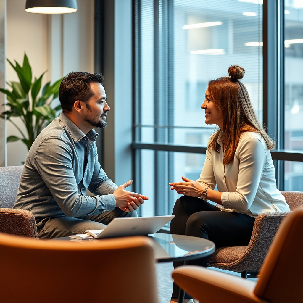 Depict a one-on-one coaching session in a modern office. The coach is guiding the client towards a solution. Focus on collaboration and support.