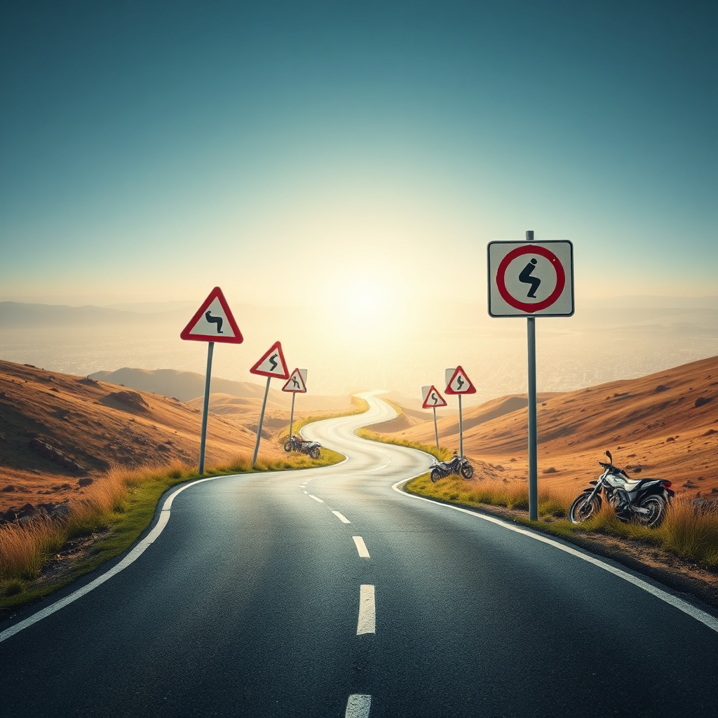 Depict a winding road with several overturned signs along the way. In the distance, a clear path leads to a shining city. Focus on guidance and experience. Photorealistic.
