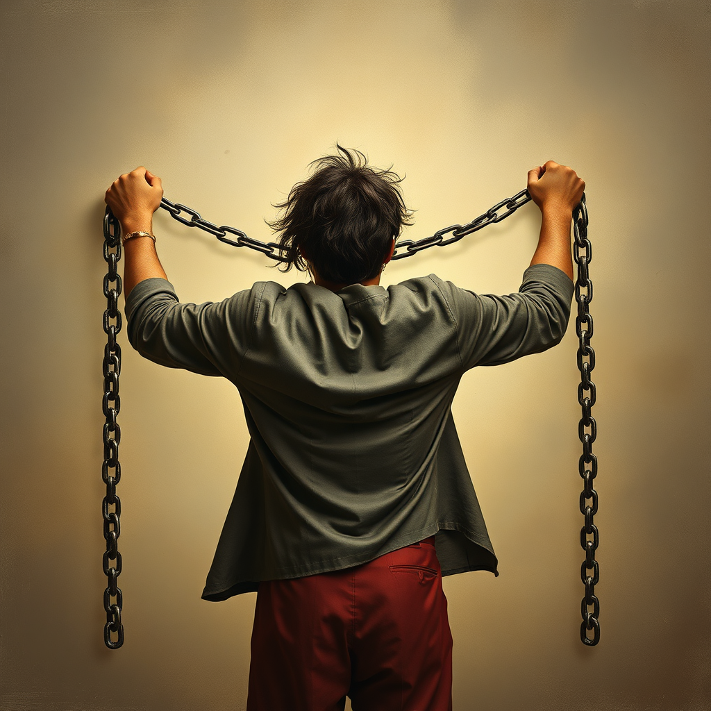Show a person breaking chains that are holding them back, symbolizing liberation from limiting beliefs. Focus on freedom and empowerment.