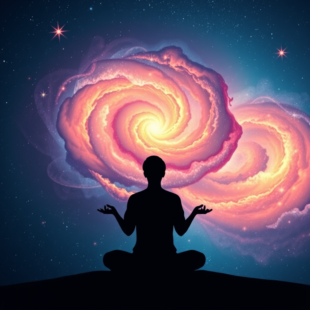 Show a person meditating, with their subconscious mind visualized as a vast, swirling galaxy. Focus on inner peace and understanding. Stylized.