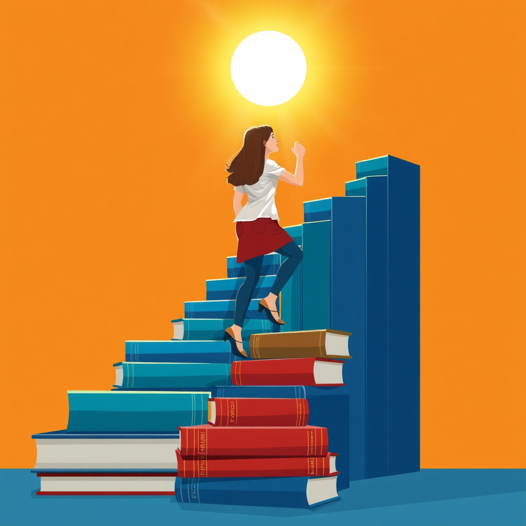 Show a woman climbing a staircase made of books, each book representing a step towards success. Bright, hopeful lighting. Focus on progress and achievement. Stylized.