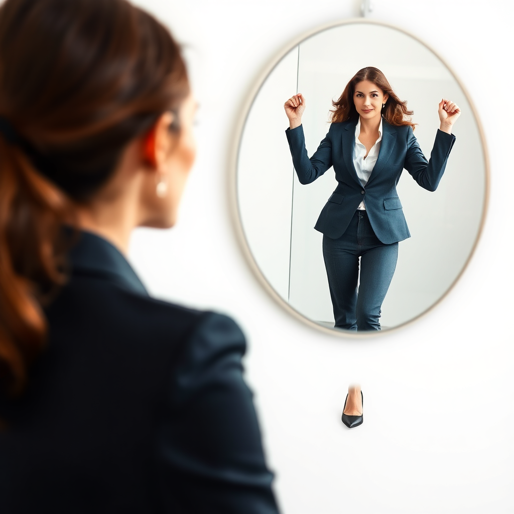 Show a woman looking at her reflection in a mirror, but instead of her regular self, she sees a successful, powerful businesswoman. Focus on self-belief and transformation. Photorealistic.