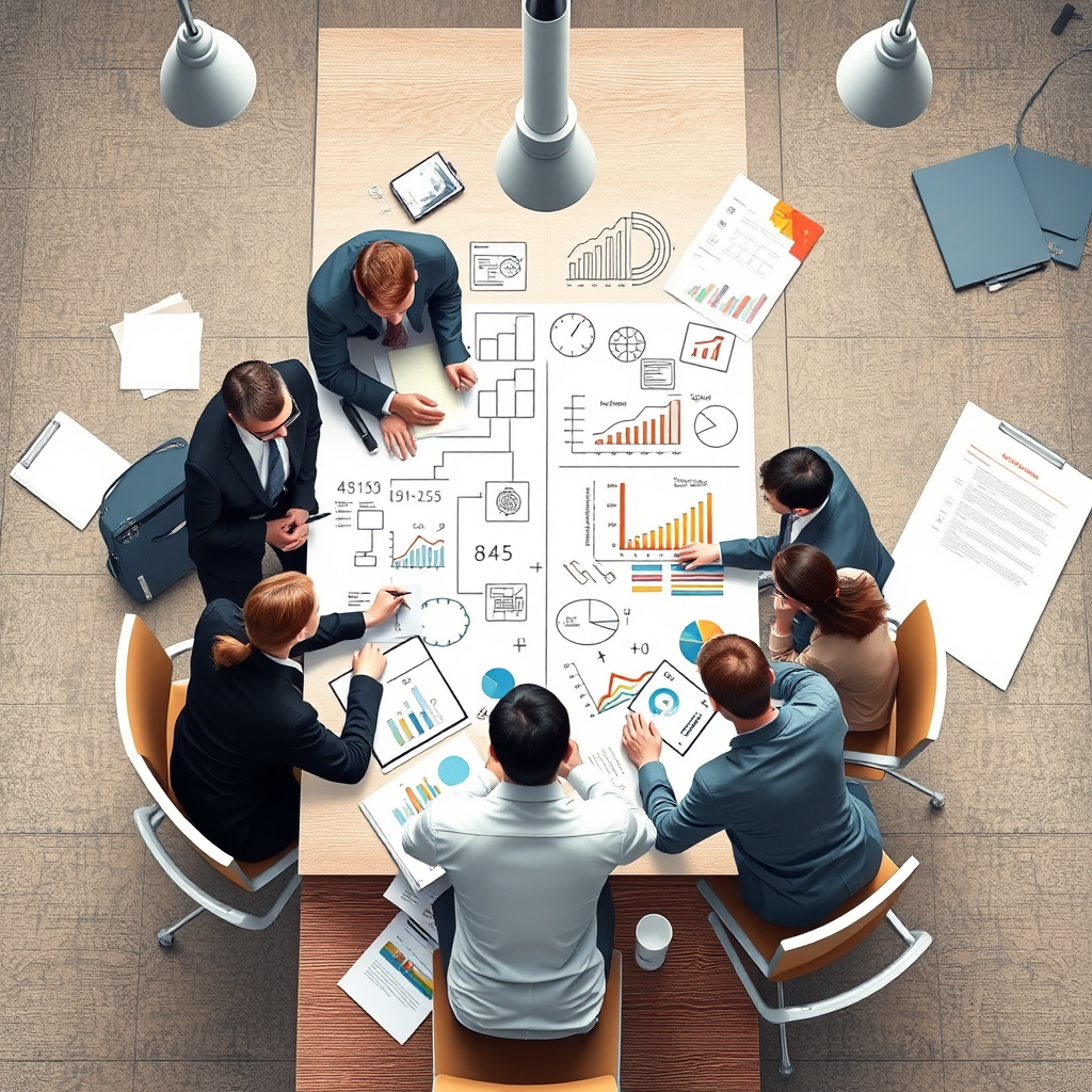 Visualize a brainstorming session with business professionals around a table, filled with charts and diagrams. Focus on innovation and planning.