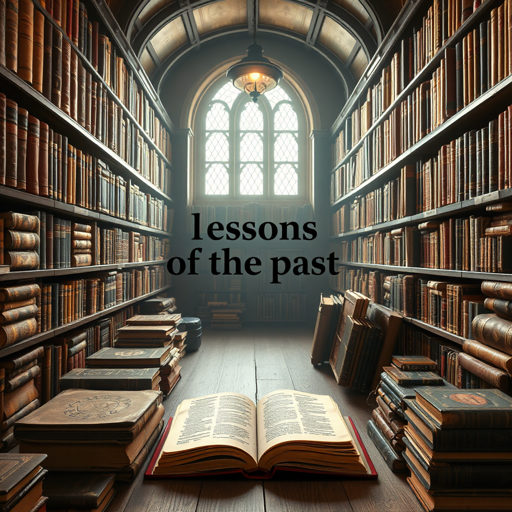 Visualize a library filled with antique books, with one book highlighted, symbolizing the 'lessons of the past'. Soft lighting, focus on knowledge and wisdom. Stylized.
