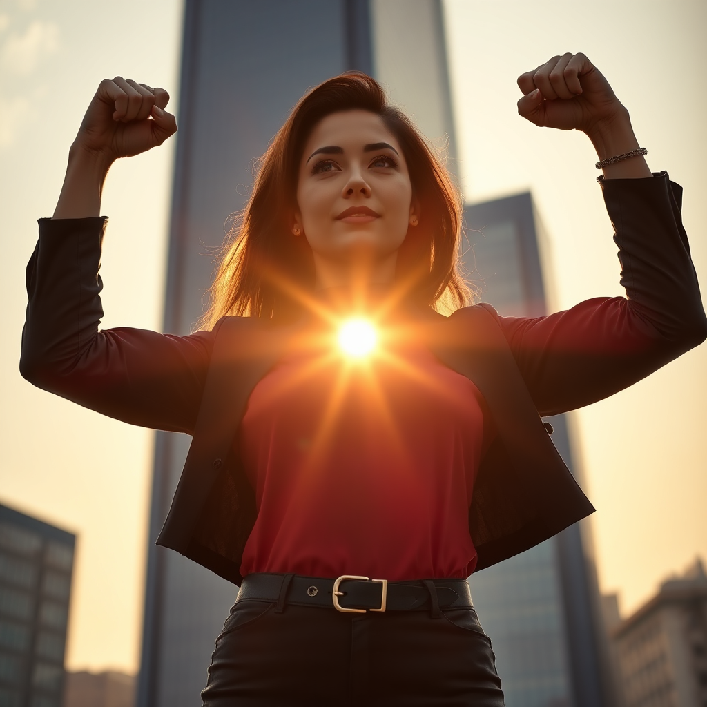 Visualize a strong, confident woman standing in a power pose in front of a skyscraper. The sun is setting, casting a warm glow. Focus on empowerment and strength. Photorealistic.