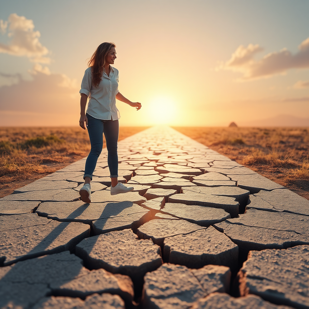 Visualize a woman confidently stepping over a cracked path, symbolizing overcoming obstacles. The path leads to a bright, sunlit future. Photorealistic style. Focus on resilience and forward momentum.