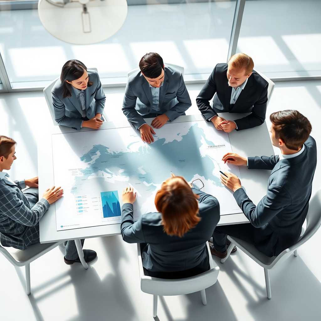 A strategic planning session visualized. A team is gathered around a table with a map of Russia laid out, discussing market entry strategies and opportunities. Style: Professional, collaborative, and focused. Lighting should be bright and inviting. Technical specifications: 4K resolution, detailed rendering, realistic human interactions.