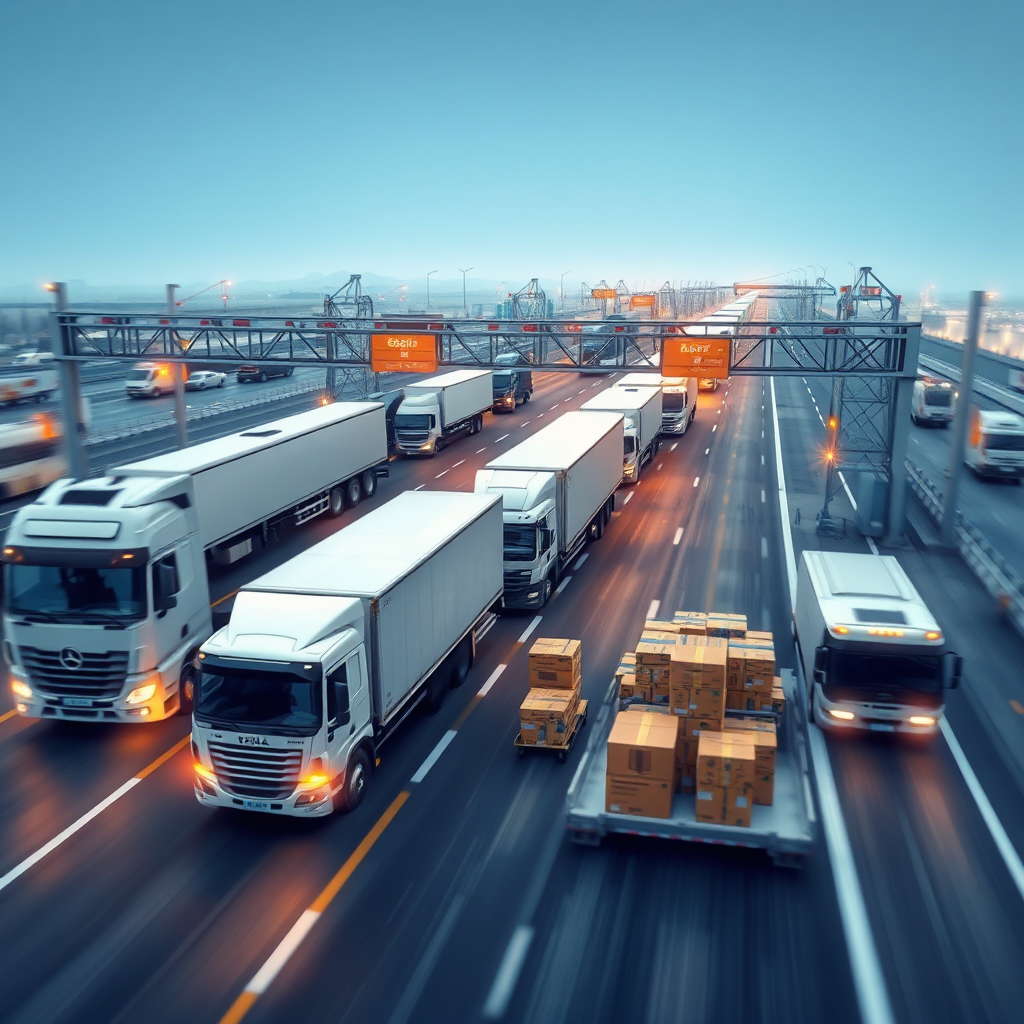 An image depicting a smooth logistics operation, with trucks crossing borders and packages being efficiently processed through customs. Style: Realistic and efficient, emphasizing speed and reliability. Lighting should be professional and well-lit. Technical specifications: 4K resolution, high detail.