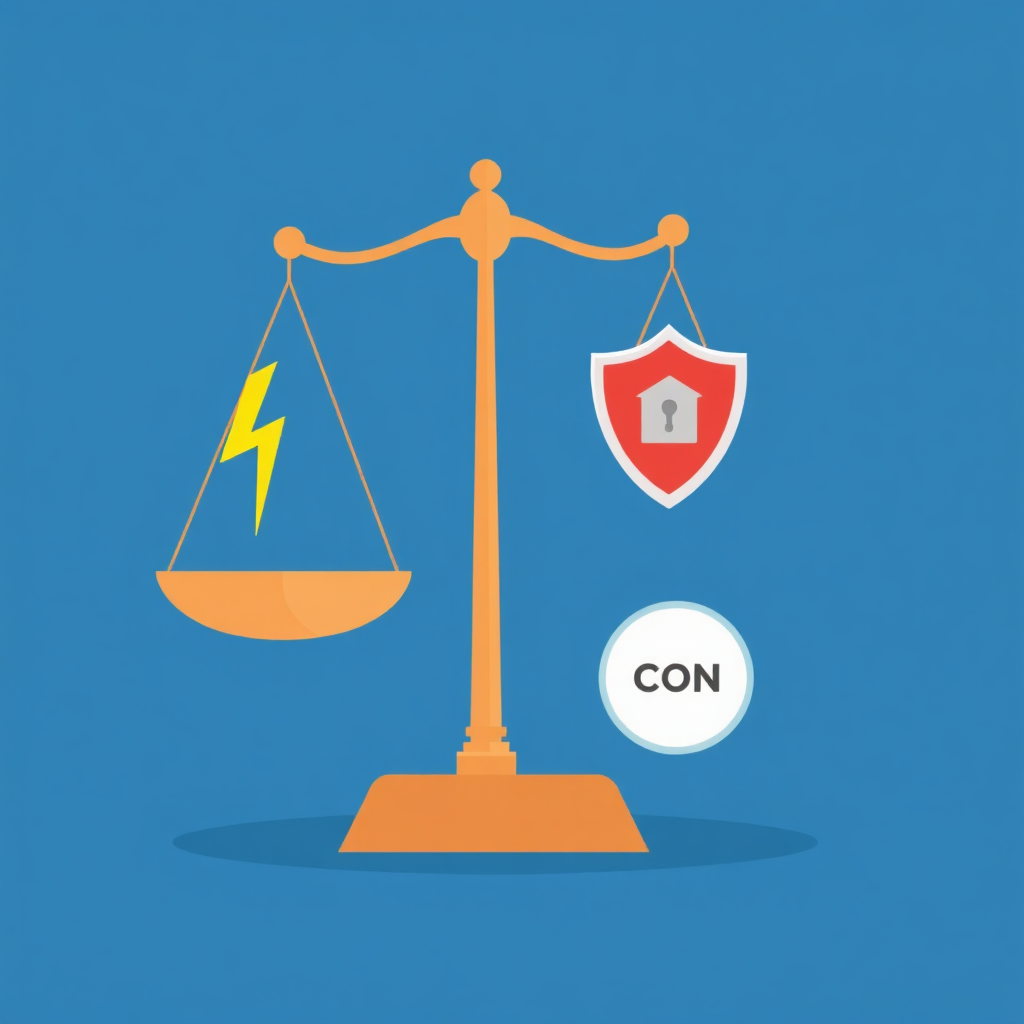 A balance scale with pros on one side, like a lightning bolt for speed and a shield for security, outweighing the cons, symbolizing overall value.