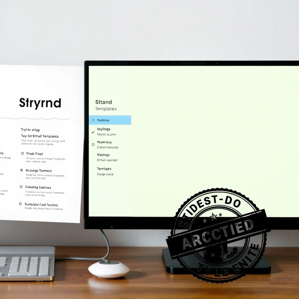 A brand style guide next to a computer screen showing a dropdown of team email templates, with a stamp effect symbolizing brand consistency.