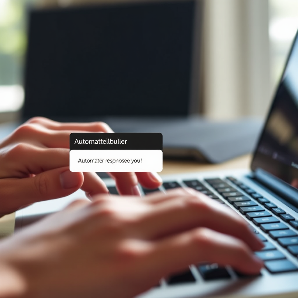 A close-up of hands typing on a keyboard with a Mailbutler tooltip appearing, suggesting an automated response. The scene is bright and airy, symbolizing clarity and ease.