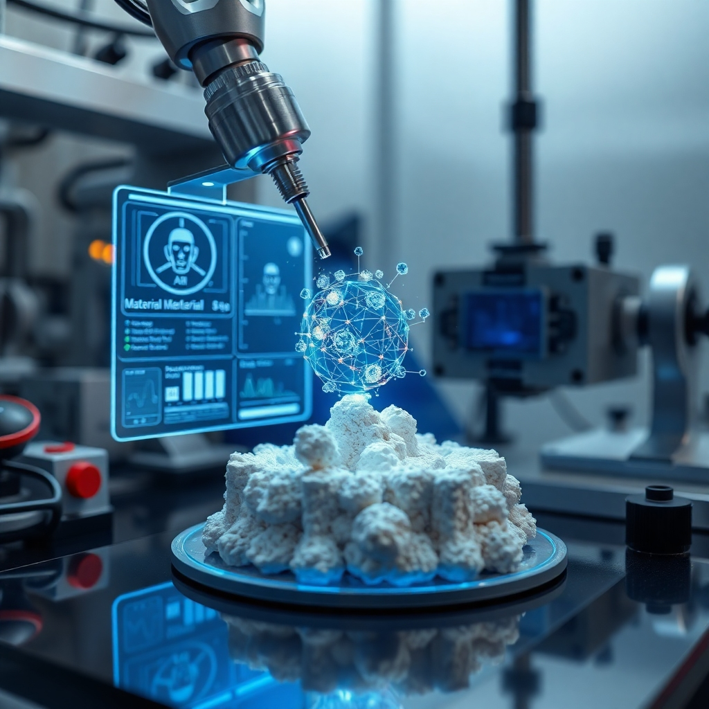 A close-up view of a new material being tested in a laboratory. Holographic displays show the material's properties and AI-driven analysis. The scene emphasizes the importance of materials science in spacecraft design and engineering. The lighting is focused and technical, highlighting the details of the material and the testing equipment. Photorealistic.