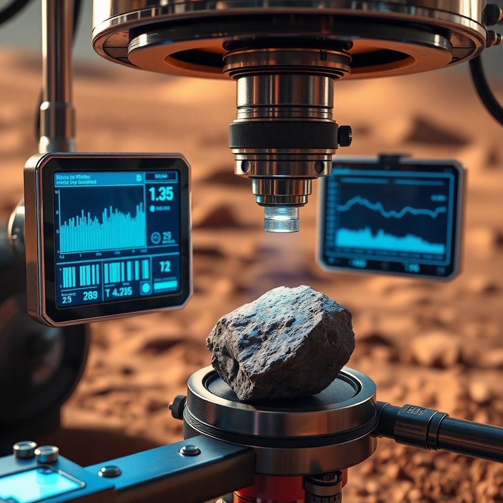 A close-up view of a rover's scientific instruments analyzing a rock sample on a distant planet. Holographic displays show real-time data and AI-driven analysis. The scene emphasizes the importance of data collection and the role of AI in extracting meaningful insights. The lighting is focused and technical, highlighting the intricate details of the scientific instruments and the analyzed rock. Photorealistic.