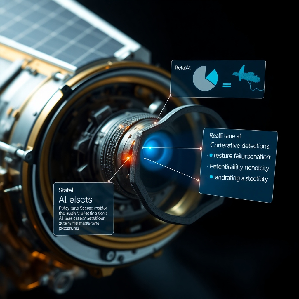 A close-up view of a satellite component, with holographic overlays displaying real-time data and AI-driven anomaly detection. The AI system is highlighting potential failure points and suggesting maintenance procedures. The scene emphasizes the importance of proactive monitoring and the role of AI in ensuring satellite reliability. The lighting is focused and technical, highlighting the intricate details of the satellite's inner workings. Photorealistic.