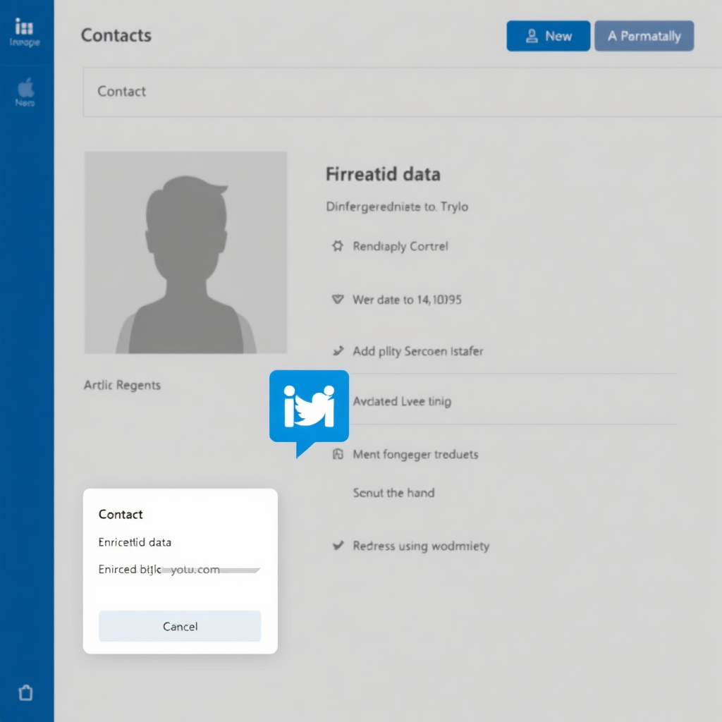 A contact profile being automatically updated with LinkedIn and Twitter icons appearing, symbolizing enriched data, in a clean, modern interface.