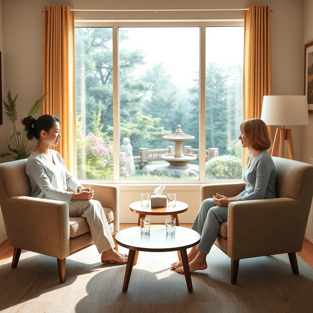 A counseling session in a warm, comfortable office with balanced composition symbolizing emotional harmony. The therapist and client sit in matching armchairs at a 45-degree angle, with a low table between them holding a tissue box and water glasses. Through the window, a perfectly balanced Japanese garden represents inner peace. Color therapy elements appear as subtle auric fields around the client, shifting from turbulent to harmonious hues during the session. The lighting should be soft and even, creating a safe space atmosphere with careful attention to body language and the therapeutic relationship through naturalistic rendering and emotional authenticity.