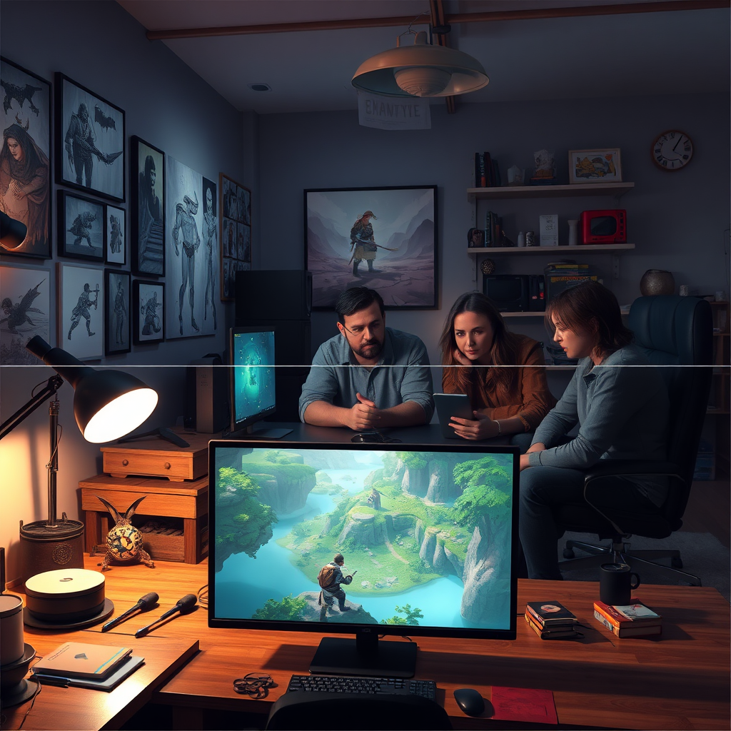 A cozy developer studio with concept art on the walls and a team discussing over a game prototype. A split-screen shows the final game scene coming to life.