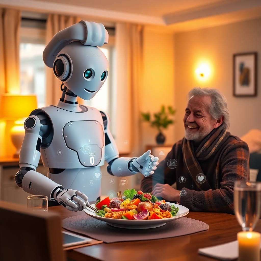 A cozy, warmly lit dining room in a futuristic home. A friendly-looking robot chef, with a welcoming expression, is serving a personalized meal to a smiling individual. The meal is arranged beautifully on the plate, with vibrant colors and textures. Holographic projections display nutritional information and personalized health data. The scene evokes a sense of comfort, personalization, and the seamless integration of technology into daily life. Warm, inviting lighting. Photorealistic.