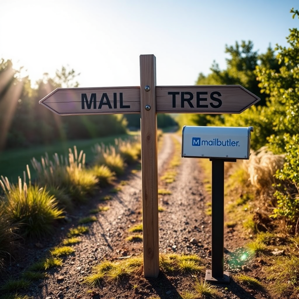 A crossroads sign with one path leading to a mailbox with the Mailbutler logo, bathed in sunlight, suggesting a positive direction.