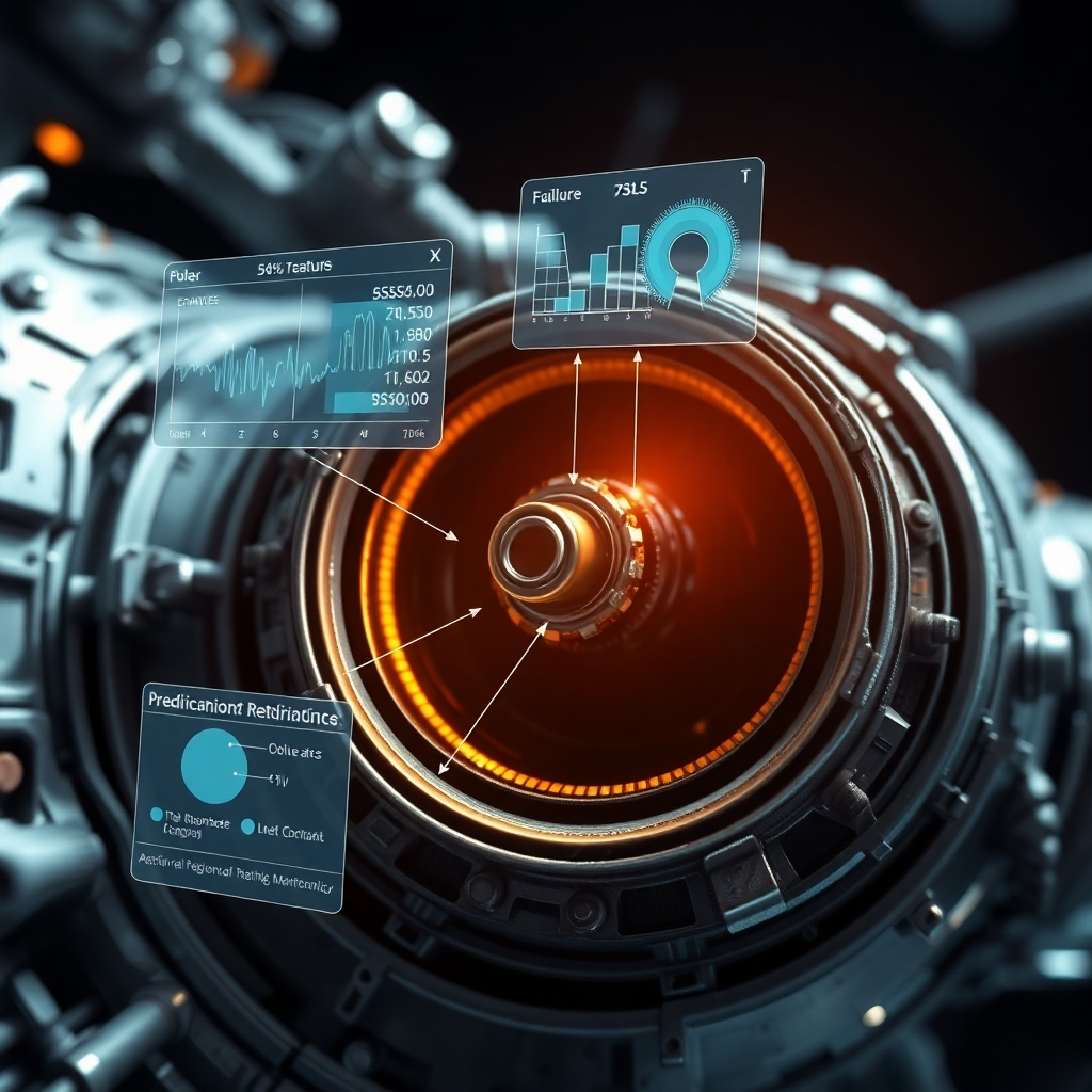 A detailed close-up of a spacecraft component, with holographic overlays displaying real-time data and predictive analysis. The AI system is highlighting potential failure points and suggesting maintenance procedures. The scene emphasizes the importance of proactive monitoring and the role of AI in ensuring spacecraft reliability. The lighting is focused and technical, highlighting the intricate details of the spacecraft's inner workings. Photorealistic.