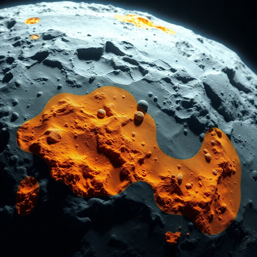 A detailed map of an asteroid surface, with AI-driven analysis highlighting areas rich in valuable resources. The scene emphasizes the potential for space mining and the role of AI in identifying resource-rich locations. The lighting is focused and technical, highlighting the details of the asteroid surface and the resource distribution. Photorealistic.