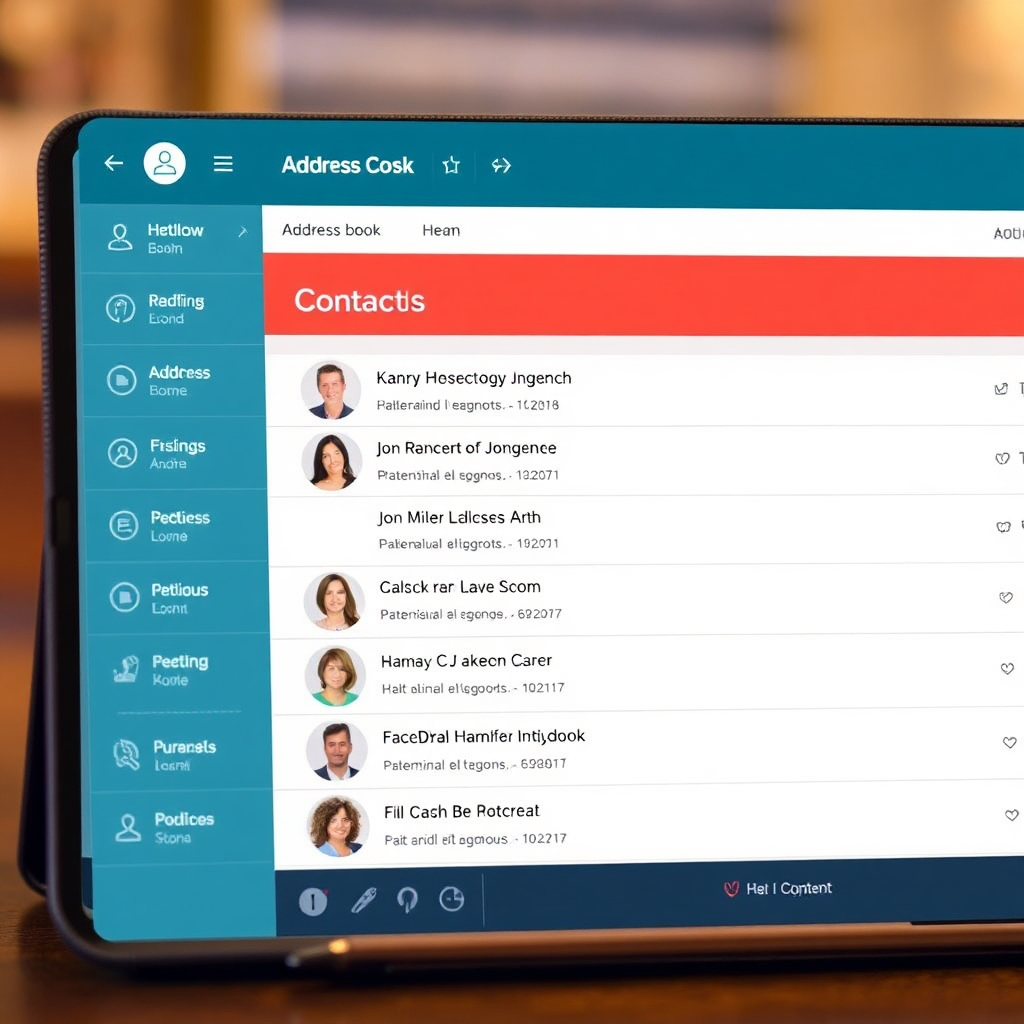 A digital address book with contacts neatly organized, with some profiles highlighted to show recent interactions, set against a warm, inviting background.