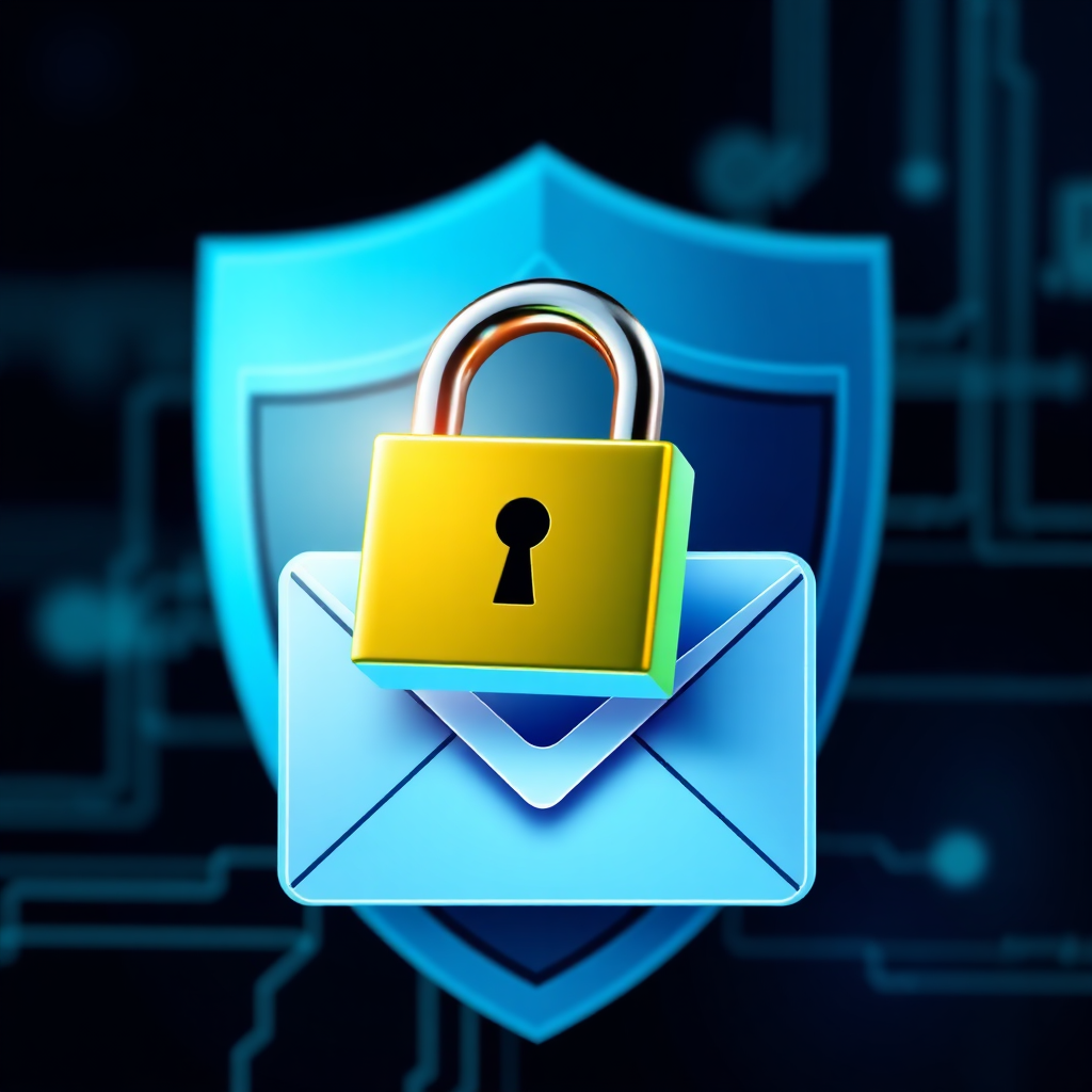 A digital padlock hovering over an email icon, with a shield in the background. The colors are deep blues and greens, conveying security and trust.