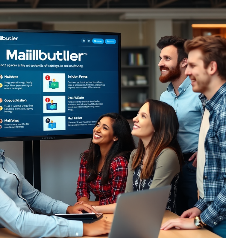 A diverse group of professionals looking at a large screen displaying Mailbutler features, with expressions of interest and satisfaction. The setting is a modern co-working space.