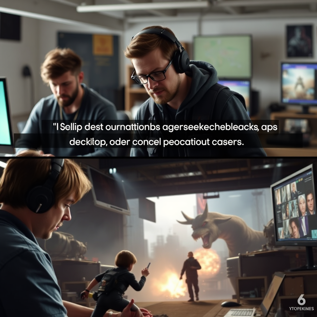 A documentary-style clip showing game developers at work, with voiceover explaining the creative process. Concept art transitions into game footage.