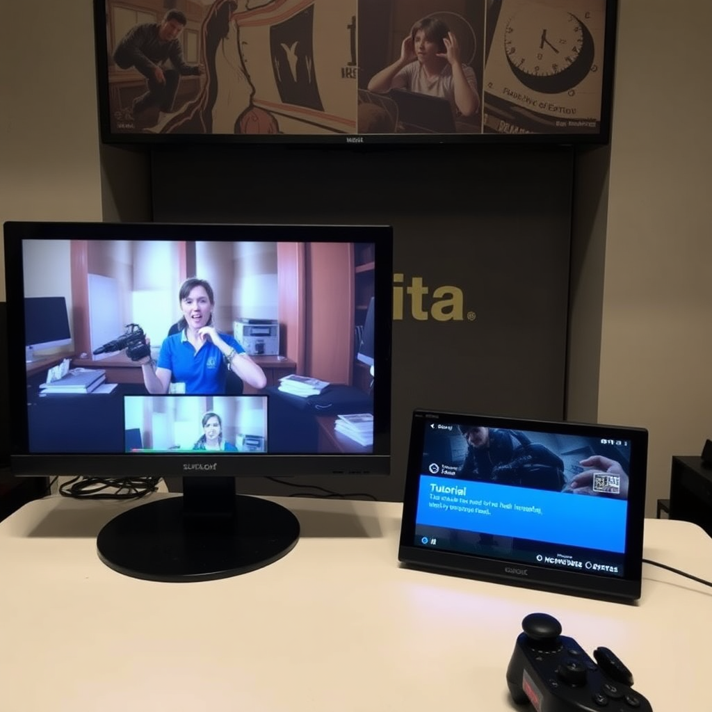 A dual-screen setup with a tutorial video playing on one screen and the game paused on the other. The player mimics the tutorial actions, with success shown in-game.