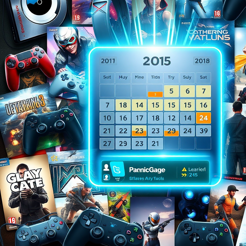 A dynamic collage of the latest gaming gadgets, upcoming game covers, and event posters. The centerpiece is a holographic calendar highlighting major gaming events, with a futuristic interface displaying trending game hashtags.