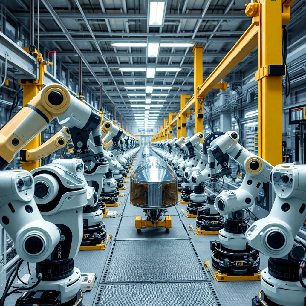 A factory filled with AI-powered robots assembling spacecraft components. The robots are working with precision and efficiency. The scene conveys the benefits of automated manufacturing in spacecraft production. The lighting is bright and industrial, highlighting the scale and complexity of the manufacturing process. Photorealistic.