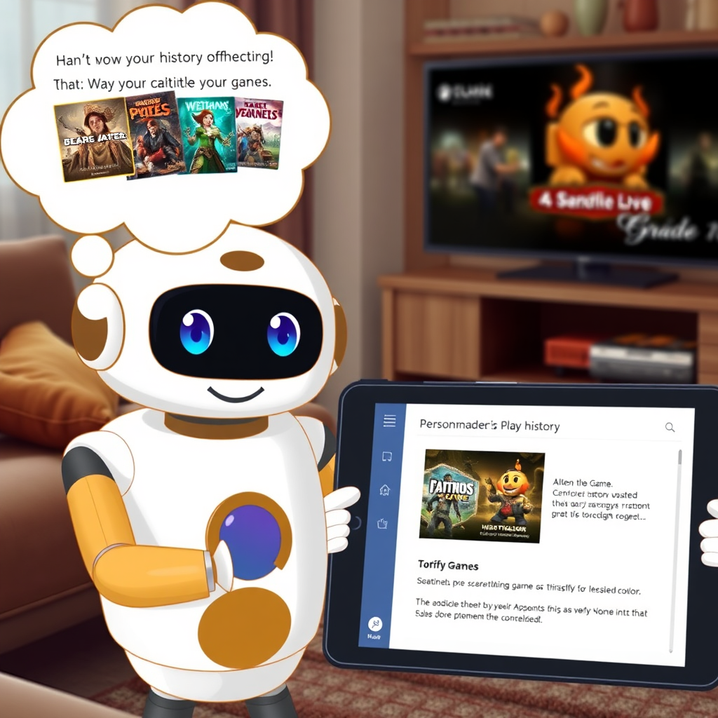 A friendly AI character presenting a personalized game recommendation on a tablet, with a thought bubble showing games that match the user's play history. The background features a cozy gaming setup.
