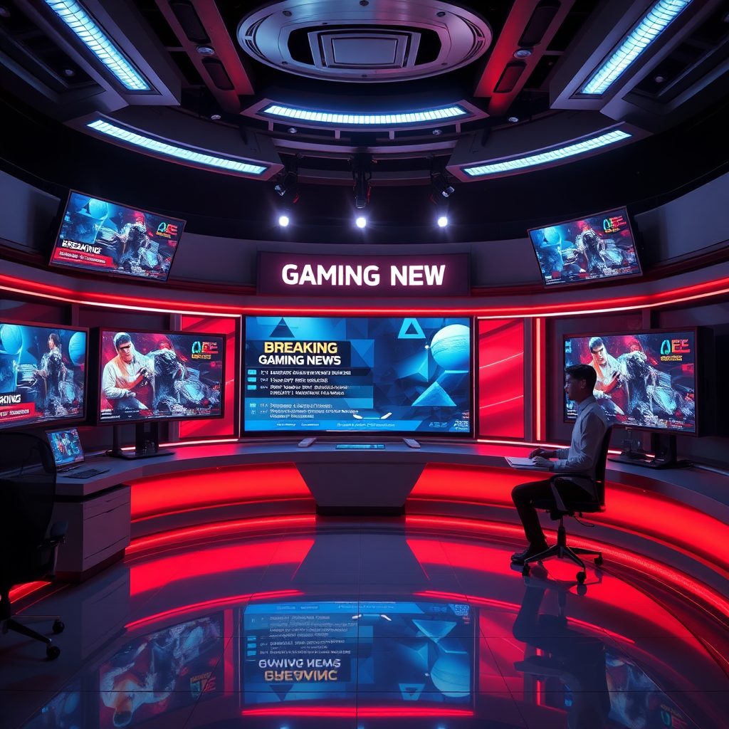 A futuristic newsroom with multiple screens displaying breaking gaming news. A holographic news ticker scrolls the latest updates, and a journalist avatar is broadcasting live.