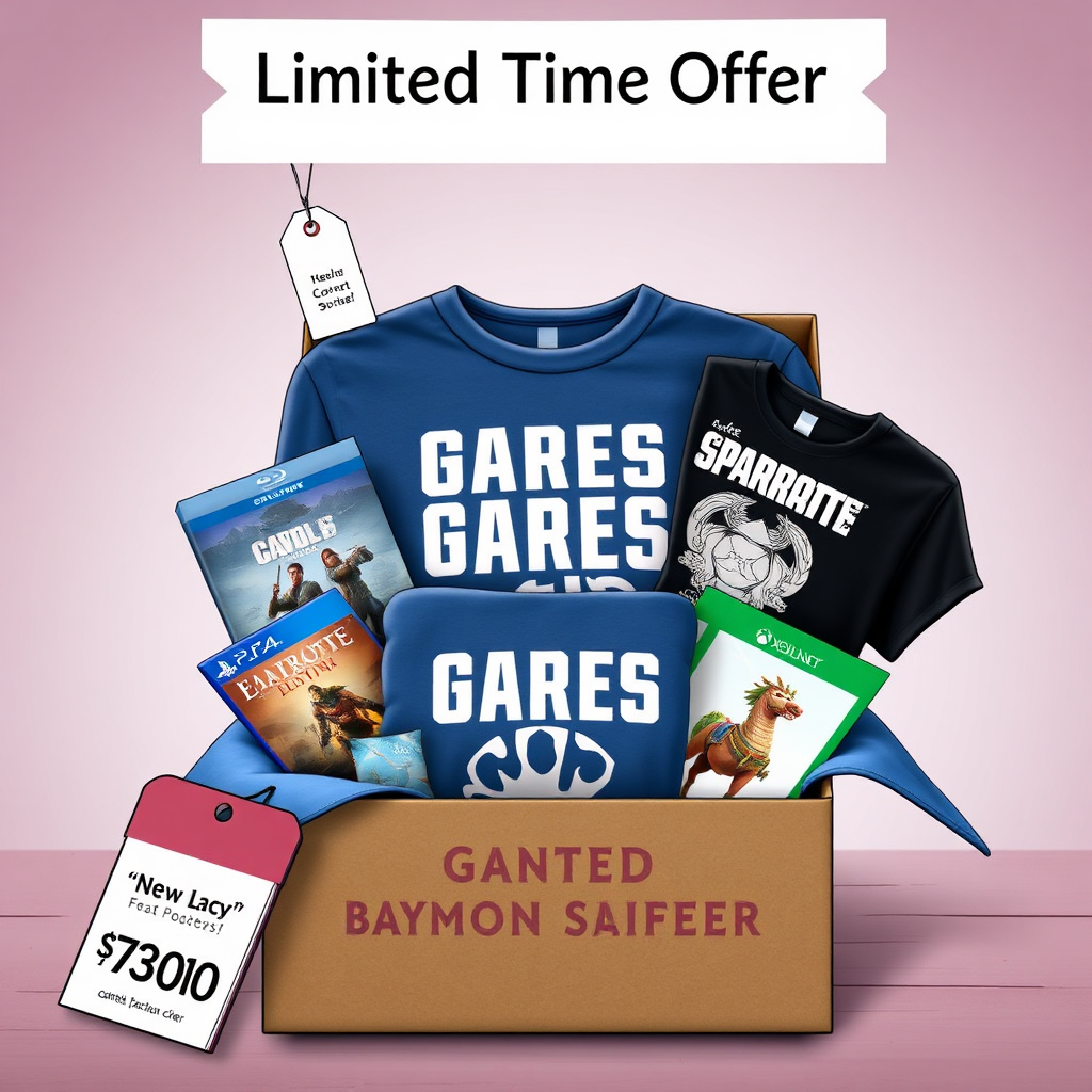 A gift box bursting with game codes, a themed t-shirt, and collectible items. A price tag shows the bundle's discount, and a 'Limited Time Offer' banner hangs above.