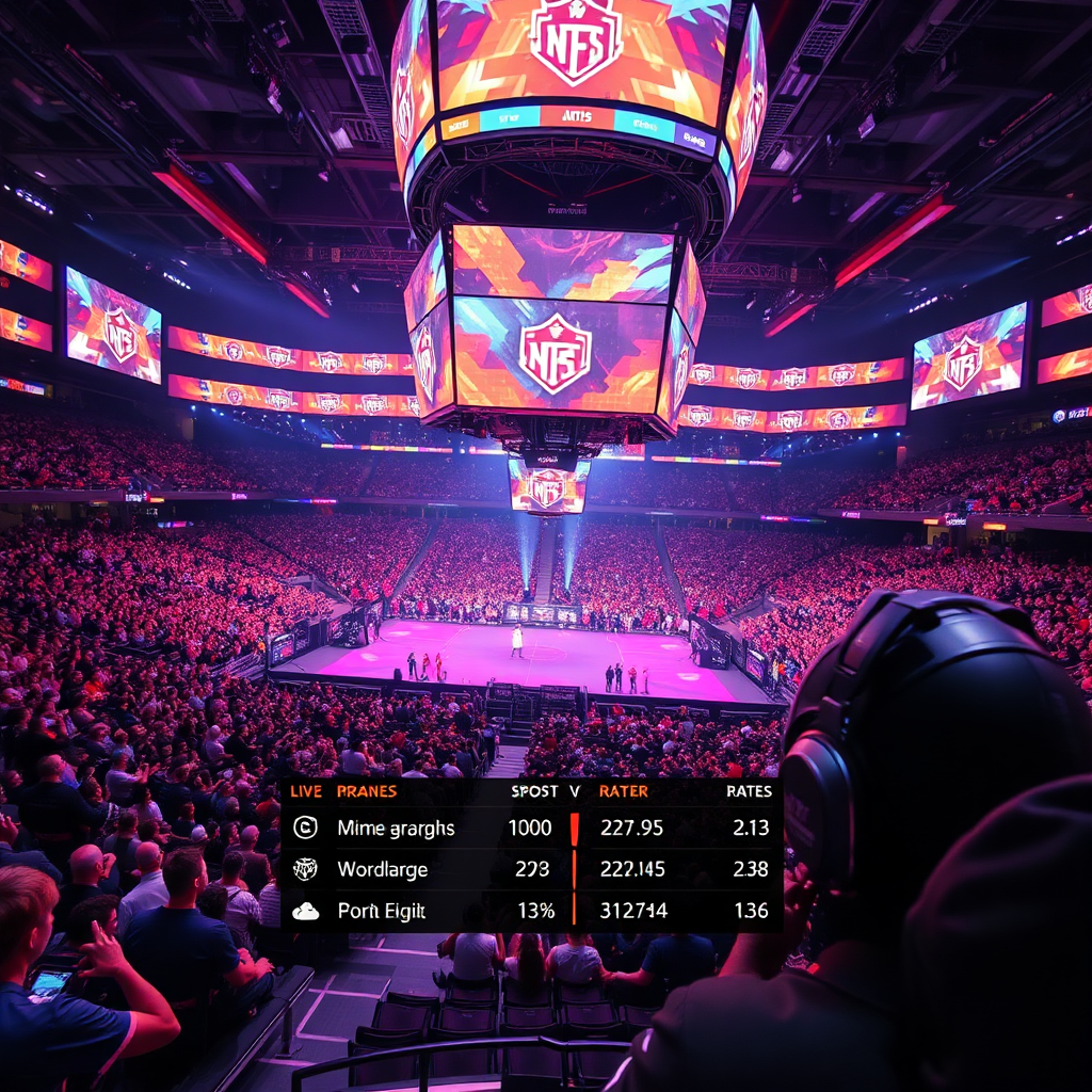 A grand esports arena packed with fans, the stage lit up with team logos. A close-up of a player in action, with a live match stats overlay.