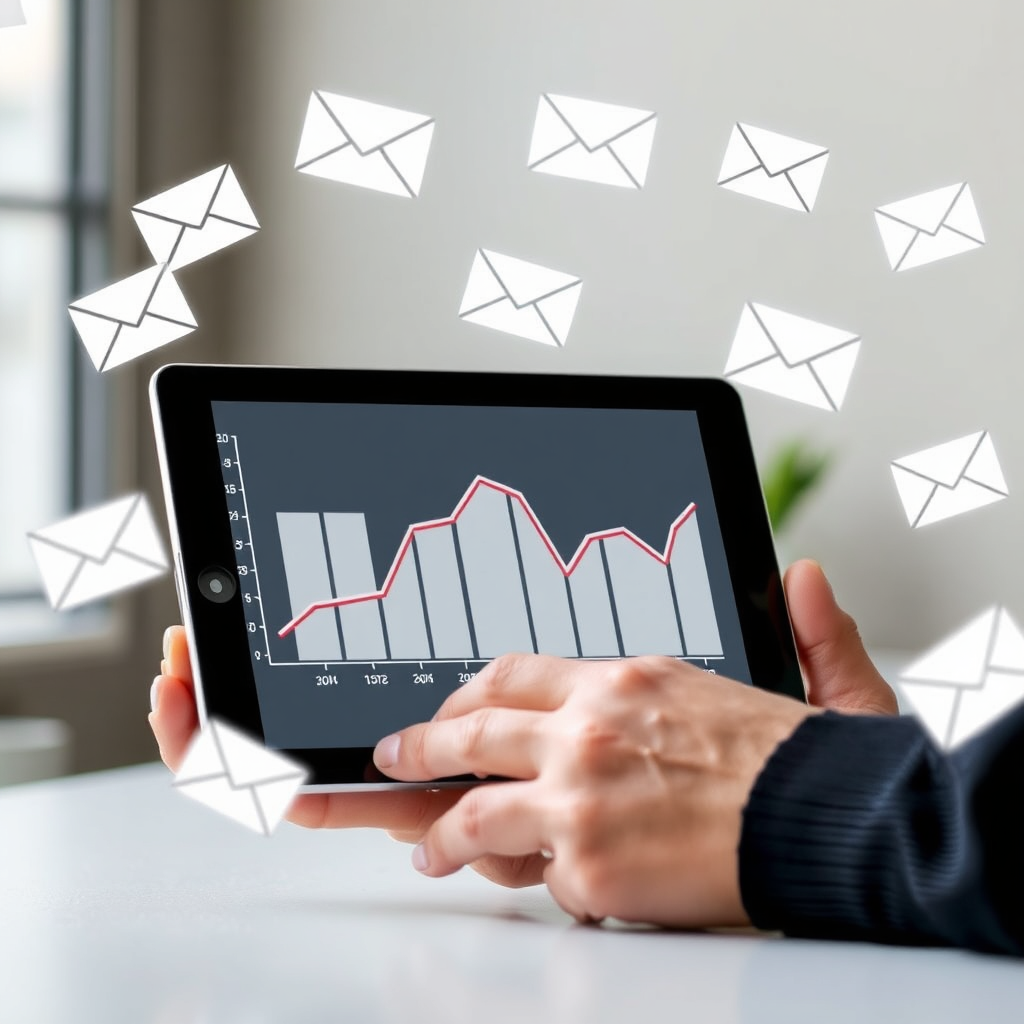 A graph showing email interaction rates over time, with a person analyzing it on a tablet, surrounded by floating email icons.