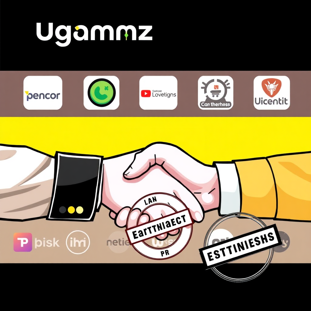 A handshake between a Ugamz representative and a game developer, with contract papers and a 'Partnership' stamp. The background features logos of current partners.