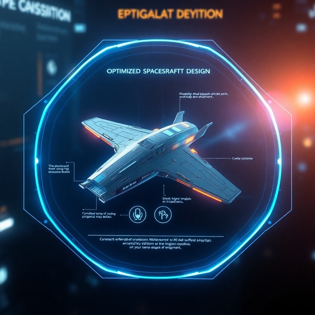 A holographic display showing an optimized spacecraft design generated by AI. The design is sleek, lightweight, and efficient. The AI system is highlighting the key features of the design. The scene conveys the benefits of AI in spacecraft design and engineering. The lighting is futuristic and dynamic, highlighting the advanced technology of the design process. Photorealistic.