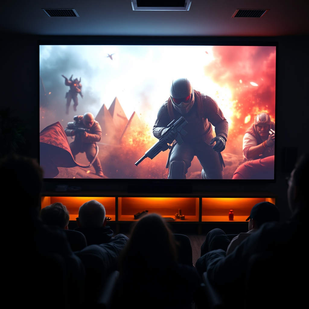 A home theater setup with a large screen playing an intense game trailer. The room is dark, with the screen's glow reflecting on the faces of excited viewers.