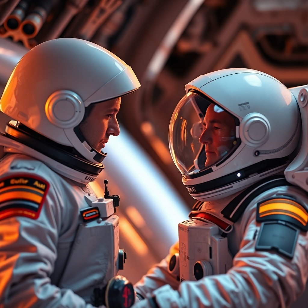 A human astronaut observing an AI system making a critical decision on a spacecraft. The astronaut is monitoring the AI's decision-making process and ensuring that it aligns with human values and objectives. The scene conveys the importance of human oversight in AI-powered space exploration. The lighting is warm and inviting, highlighting the partnership between humans and AI. Photorealistic.