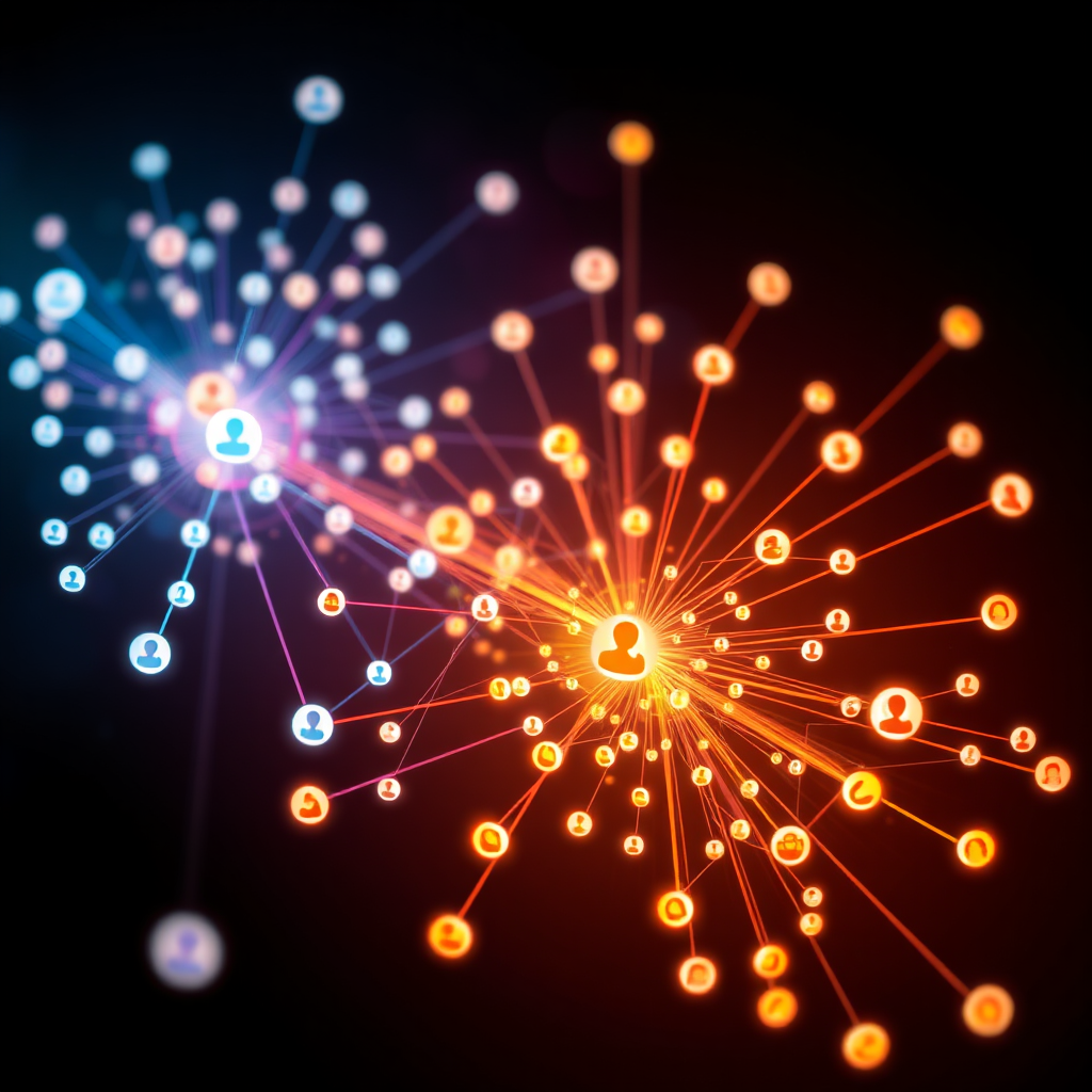 A network graph visualization showing connections between contacts, with glowing lines representing strong relationships, in a dynamic, interactive display.
