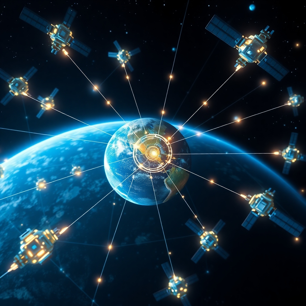 A network of interconnected satellites orbiting Earth, with glowing lines representing data streams and communication links. The AI system is managing the network, optimizing data transfer and resource allocation. The scene conveys the complexity and importance of satellite networks. The lighting is futuristic and dynamic, highlighting the interconnectedness of the satellites. Photorealistic.