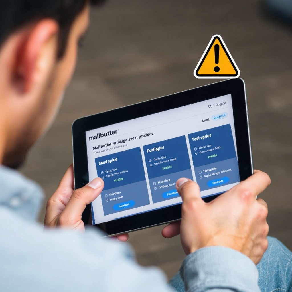 A person thoughtfully looking at a tablet displaying Mailbutler's pricing page, with a subtle caution sign in the corner, indicating careful consideration.